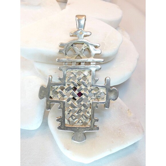 Sterling Silver 925 Garnet Ethiopian Orthodox Coptic Christian Cross Pendant 24g - Picture 6 of 6
